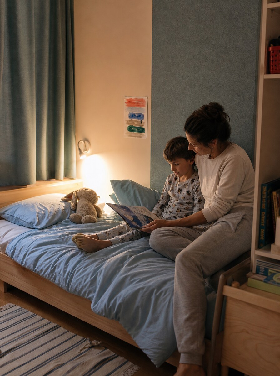 A parent and child reading together on a bed at dusk, beside a soft lamp, felt wall panels and a favourite toy