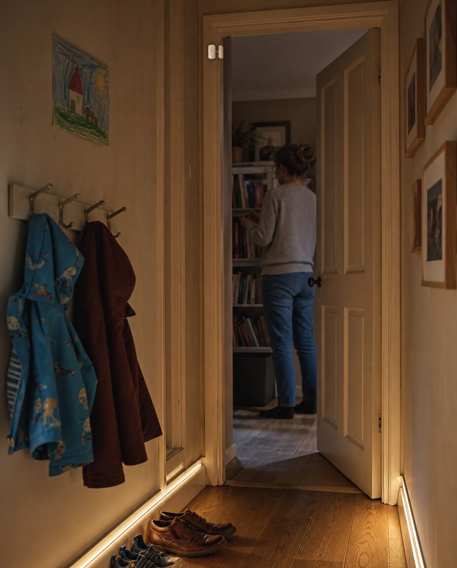 A family hallway with coats, shoes to one side, low lighting and a door sensor, while a parent puts a book away