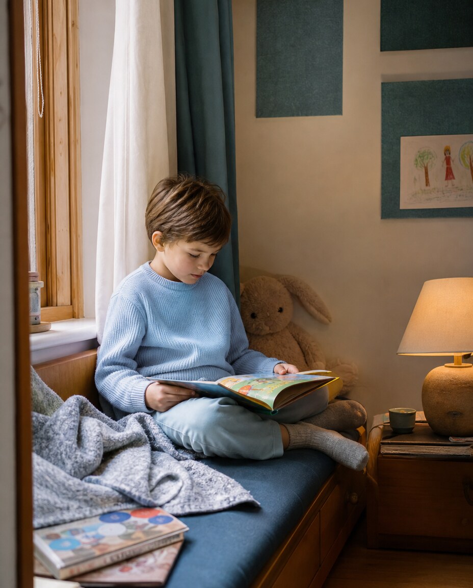 A child reading comfortably on a cushioned window seat beside a soft lamp, a blanket and a favourite toy