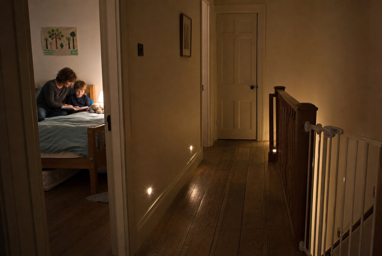 A softly lit landing with a stair gate and a clear walking route, while a parent and child read in the bedroom