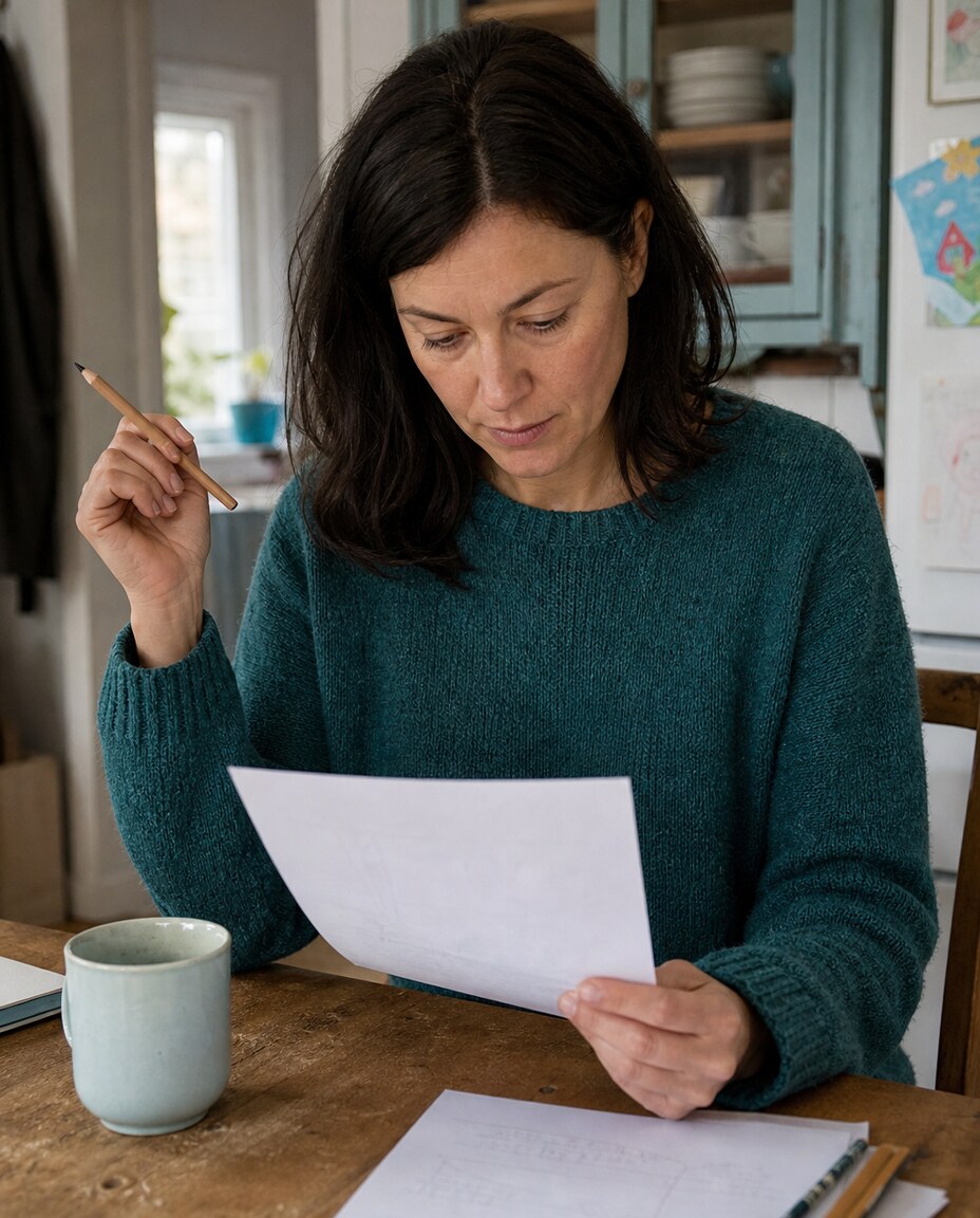 An adult concentrating on printed pages at an everyday kitchen table, with a pencil and mug nearby