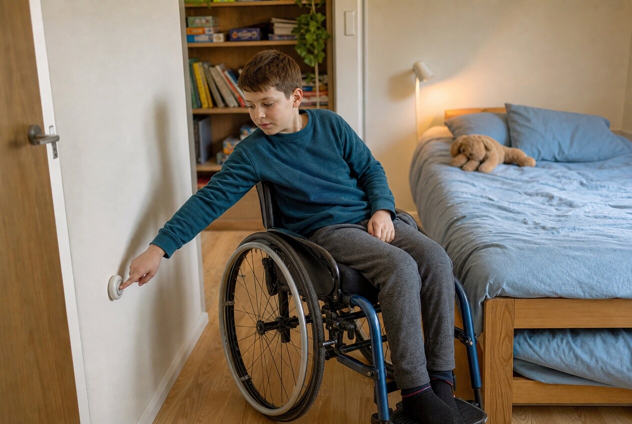 A child seated in a wheelchair independently pressing a round wall button within reach beside a bed